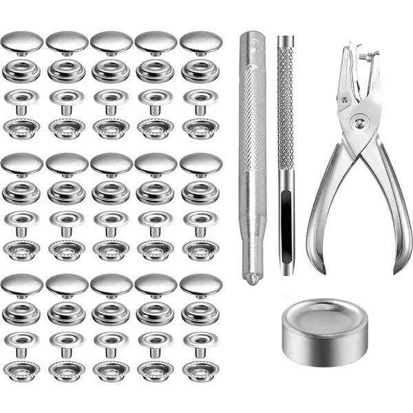 Kit de 200 boutons-pression en acier inoxydable avec outil de fixation pour la couture de vêtements et l'artisanat du cuir DIY