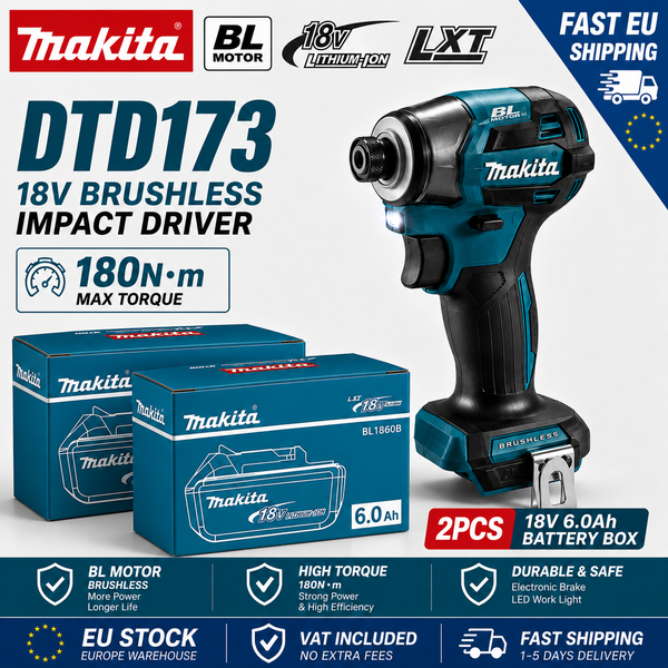 Original Makita DTD173 18V LXT Bürstenloser Schlagschrauber 180N·m Elektrobohrer mit BL1860 BL1850 BL1840 6,0Ah Akku EU-Lagerbestand
