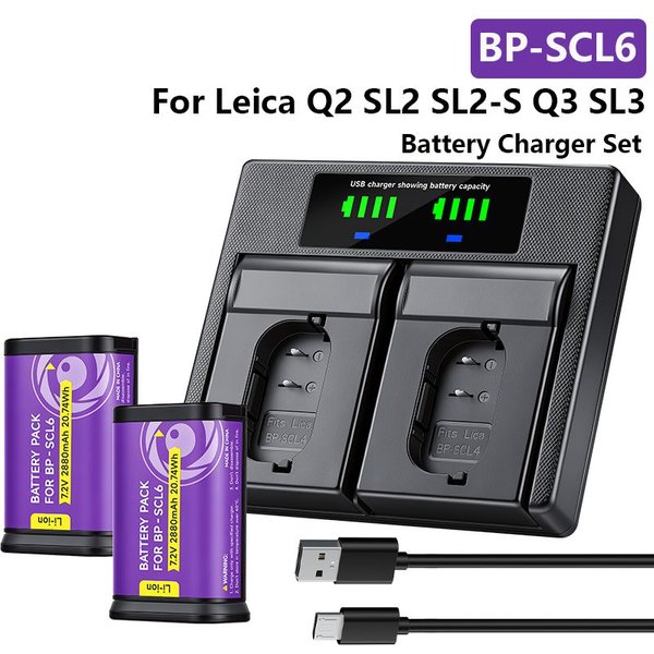 2880mAh BP-SCL6 Ersatzakku + 2-Karten-Slot-Ladegerät für Leica Q2 / Q2 Monochrom / Leica Q3 / Q3 43 für Leica SL2 / SL2-S / Leica SL3 / SL3-S Kamera