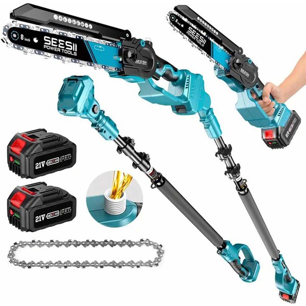 SEESII Akku-Elektro-Kettensäge 8'' mit 3M Verlängerungsstange 2-in-1 Elektro-Stabmesser zum Baumschnitt Astschneider und Beschneidungswerkzeug