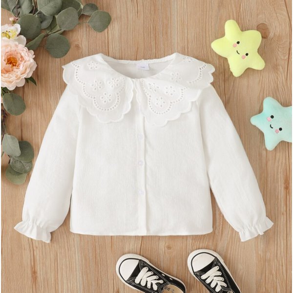 Kids Girl 1-6Y Button T Shirt Hollow Lace Collar White Long Sleeved Lovely Korean Version Top Autumn Toddler Girl Clothes
