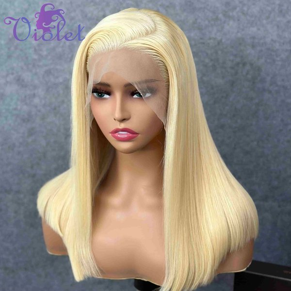 Perruque Bob Lace Front Wig brésilienne naturelle, cheveux lisses, blond miel 200% #613, 13x4, pre-plucked, transparente HD