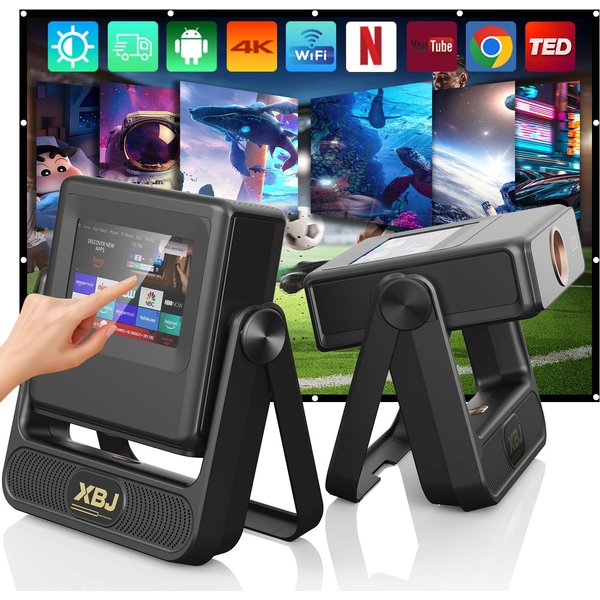 XBJ Smart Dual-Touchscreen-Projektor 720P HD Projektor mit WLAN, automatischer Trapezkorrektur, Heimkino für draußen (Grau)