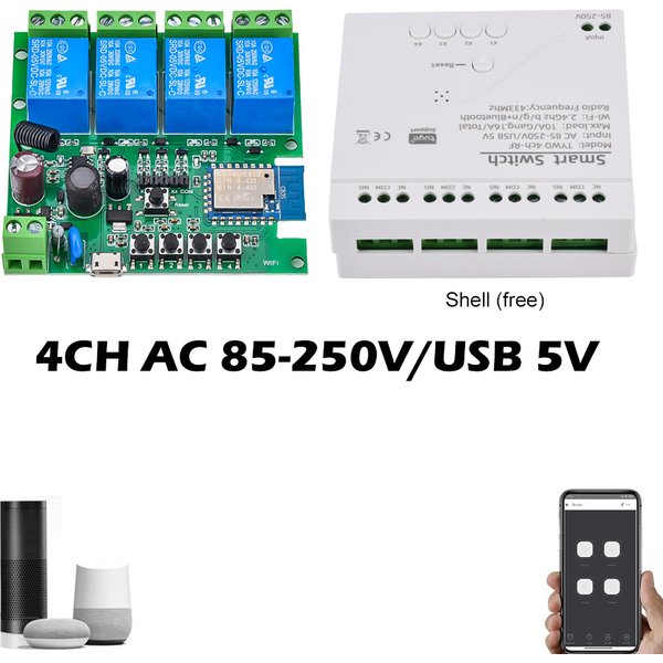 4 Channel 433MHz WiFi Relay Switch Module Smart Control Relay Module AC 85V~250V/Micro USB 5V Compatible with Alexa Goolge Home