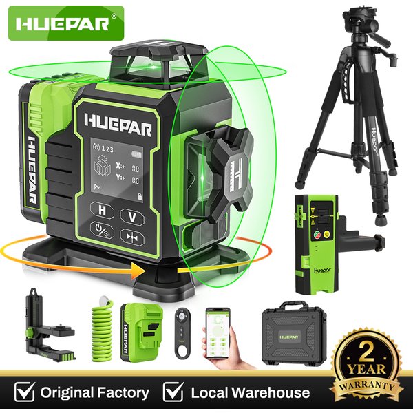 Huepar W03CG Set 3D 12-Linien-Laser-Nivelliergerät mit Detektorstativ 360 ° Cross Lines Bluetooth-Fernbedienung mit elektrischer drehbarer Basis und LCD-Bildschirm