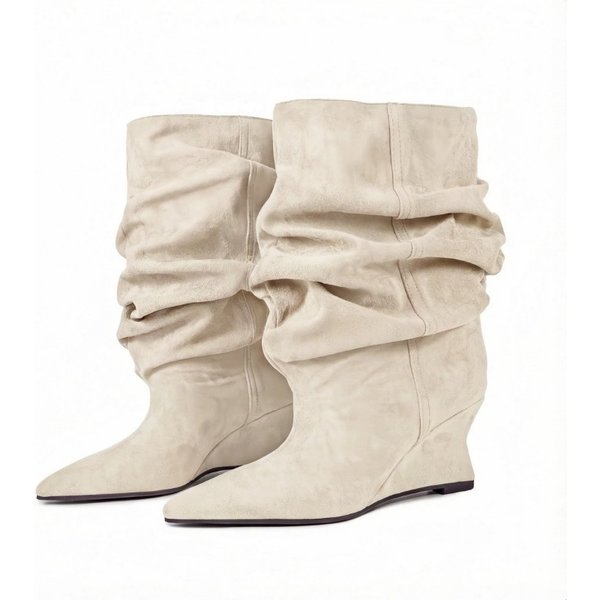 Bottes mi-mollet polyvalentes en daim à talon compensé, style rétro européen et américain, à bout pointu et plissées, pour femme