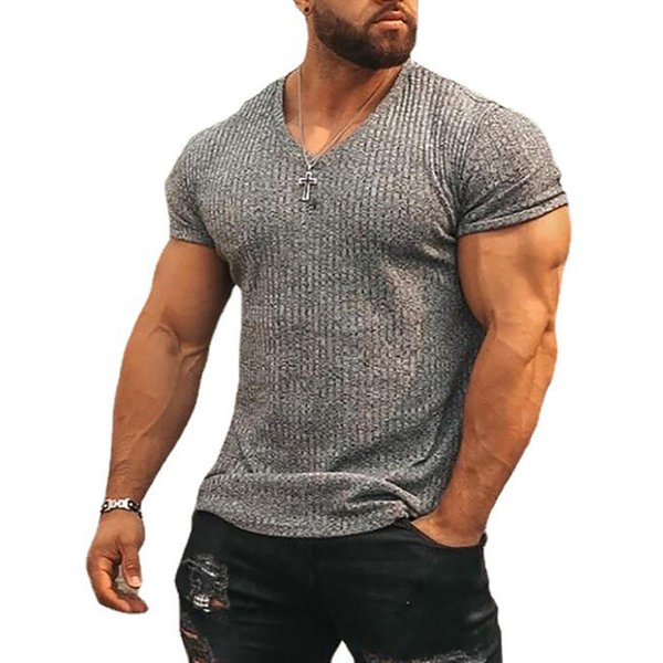 Hommes col en V à manches courtes T-shirt Fitness coupe ajustée sport T-shirt solide mode bandes t-shirts hauts été tricoté vêtements de sport