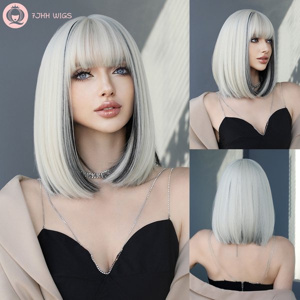 7JHHWIGS Short Straight Bob Wig, Short Blonde Bob Wig, Straight Platinum Blonde Bob Wig with Bangs for Women Daily Cosplay Party