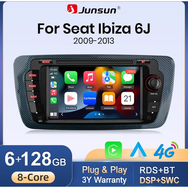 Junsun Android Wireless CarPlay Android Auto Autoradio für Seat Ibiza 6J 2009-2012 GPS-Navigation Multimedia-Player 7" IPS-Touchscreen WiFi 4G DSP Bluetooth FM RDS SWC Stereo-Headunit 2DIN