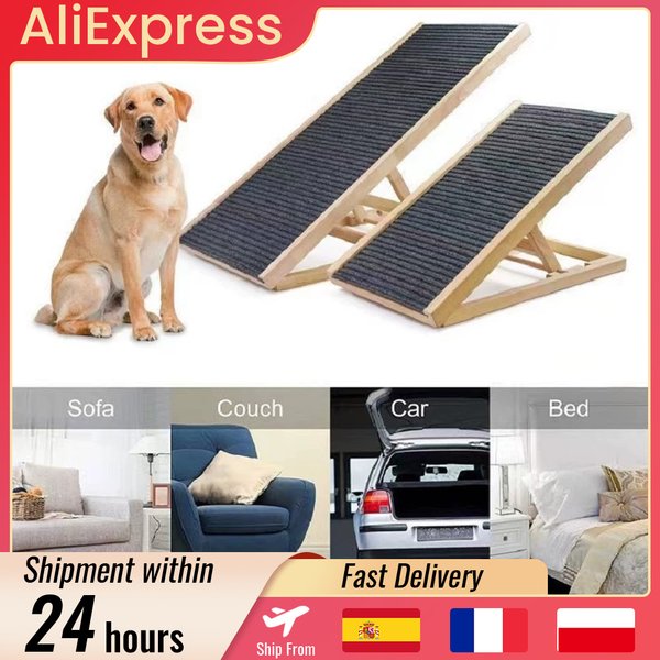 Verstellbare Hunderampe Hölzerne Faltbare Hunde- & Katzen-Treppe für Auto Sofa Couch Hohes Bett Rutschfeste Teppichoberfläche 2/4 Stufen Höhenverstellbar