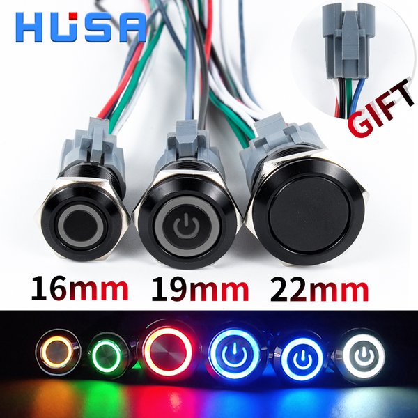 Interrupteur à bouton-poussoir métallique étanche 16/19/22 mm avec prise, anneau LED/lumière d'alimentation, momentané ou à maintien, 5/12/24/220 V, noir, 1NO1NC