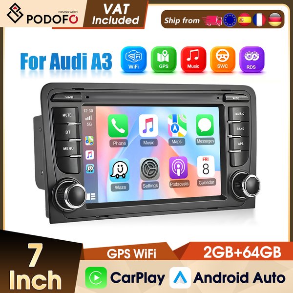 Podofo 2DIN 2+64G Autoradio für Audi A3 8P (2003-2012)/RS3 Sportback (2011-2012) Carplay Auto-Audio Android Auto GPS Mirror Link
