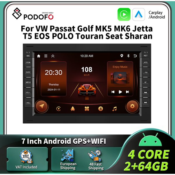Podofo 7-Zoll Auto-Stereoanlage mit Carplay Android Auto Intelligentes System 2Din GPS FM BT für VW Passat Golf MK5 MK6 Jetta T5
