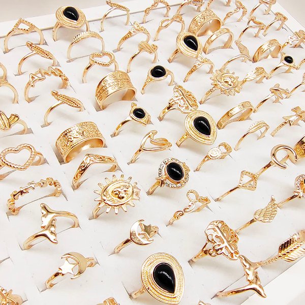 30pcs/Lot Wholesale New Design Mix Style Finger Rings For Women Black Acrylic Jewelry Party Sun Moon Star Wing Leaf Heart Gifts