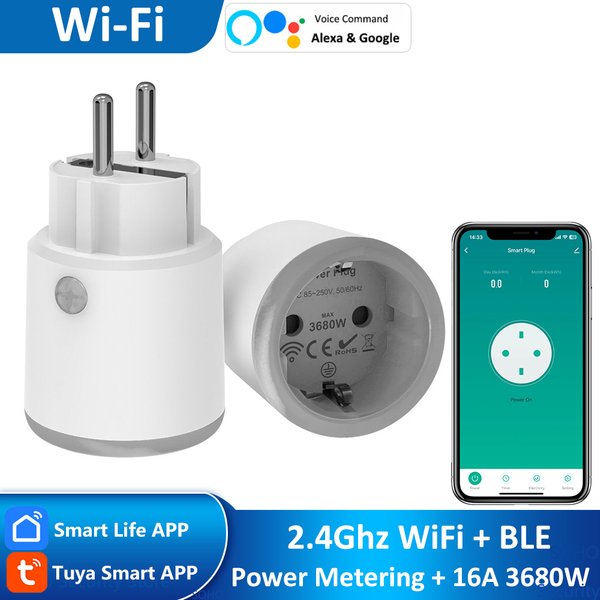EU Tuya Smart Home 2,4 GHz WiFi + BLE 16A Wtyczka pomiaru mocy, timer monitorowania energii, pilot, Alexa Google, blokada przed dziećmi