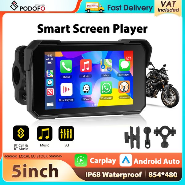 Monitor motocyklowy Podofo 5'' z CarPlay i Android Auto, wodoodporny IP68, inteligentny ekran z obsługą monitorowania ciśnienia w oponach, GPS i BT.