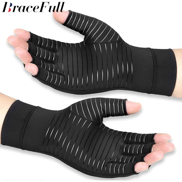 1Pair Copper Arthritis Compression Gloves Women Men Relieve Hand Pain Swelling and Carpal Tunnel Fingerless for Typing