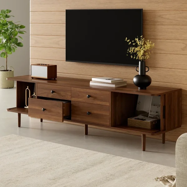 Meuble TV avec 4 tiroirs et 2 portes coulissantes, meuble TV moderne de style scandinave aux angles arrondis, meuble bas en bois avec de nombreux espaces de rangement, buffet fin idéal pour le salon,