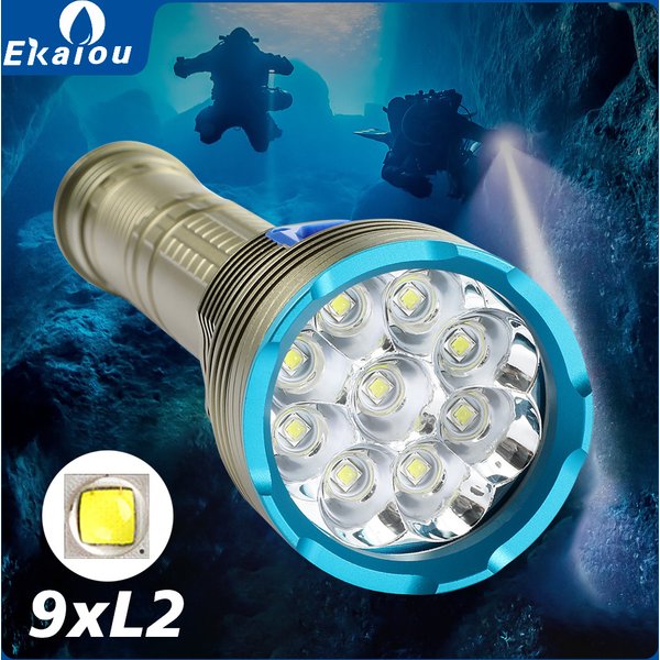Lampe de poche professionnelle pour plongée sous-marine, torche étanche IPX68, 9 lumière LED pour la spéléologie, la plongée en apnée, la pêche sous-marine