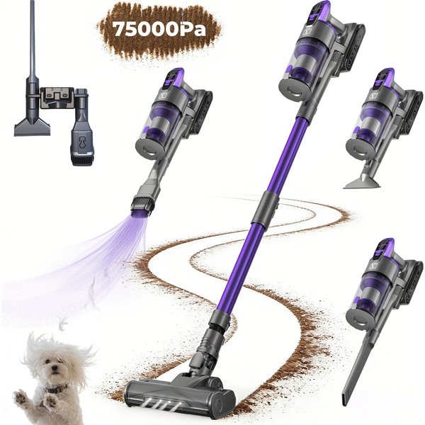 Yanhama Akku-Staubsauger – 75 kPa/650 W/70 Minuten Stabstaubsauger mit Ladestation, kabelloser Anti-Tangle-Staubsauger für Haustiere