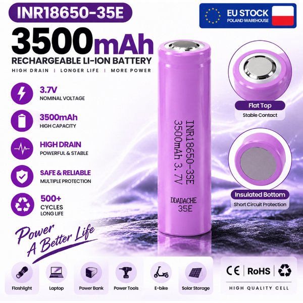 Wiederaufladbare Lithium-Batterie INR18650-35E 3,7V 3500mAh 25A Hochleistungs-18650-Zelle mit echter Kapazität, lange Lebensdauer 500+ Zyklen, Mehrfachschutz für LED-Taschenlampen, Elektrowerkzeuge