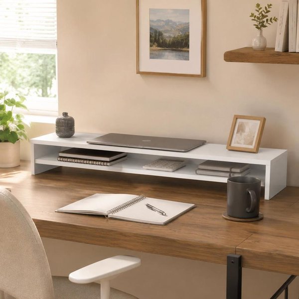 Monitorständer 100 x 24 x 13 cm, weißer Holzkomposit, ergonomischer Erhöhungstisch mit integriertem Ablagefach für Home-Office, Gaming-Schreibtisch und mehr