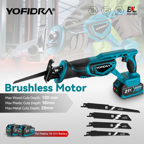 Yofidra Bürstenlose Säbelsäge, Handsäge, Säbel, Multifunktionssäge, Metall, Holz, Rohrschneiden mit 4 Klingen für Makita-Akku-Pin