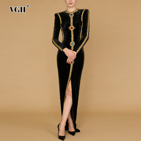 VGH Black Velvet Holiday Celebrations Maxi Gown for Women O Neck Gold Trim Slim Jewel Accent High Slit Dresses for Luxury Dinner