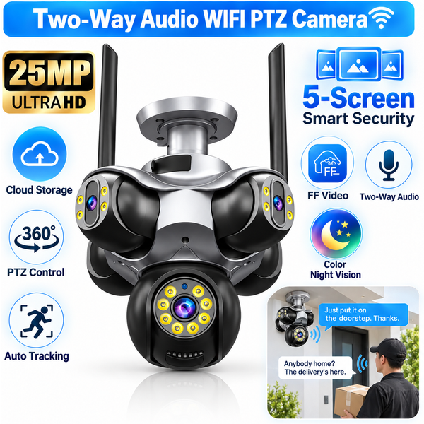 5-Linsen-Kamera für den Außenbereich 25MP 720 ° Panorama-Multiwinkel-WLAN-PTZ-IP-Kamera für den Außenbereich, Multi-Split-Screen, IP66 wasserdicht, Infrarot-Nachtsicht, Bewegungserkennung,
