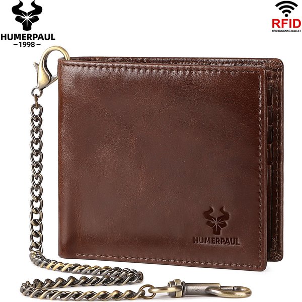 HUMERPAUL Genuine Leather Men Wallet Business Short Purse RFID Protect Credit Card Holder Clutch for Women with Anti-theft Chain