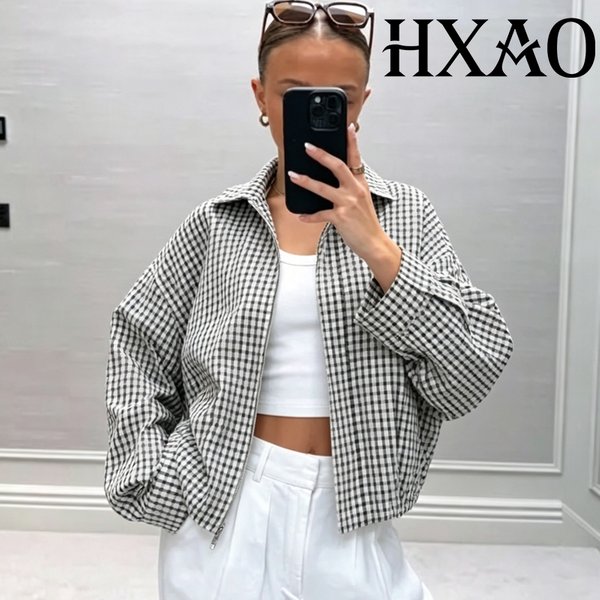 Blouson Bomber HXAO à Carreaux pour Femme – Veste Courte Chic à Manches Longues Mi-Saison – Blouson Varsity Oversize à Carreaux pour Femme – Vêtements d'extérieur