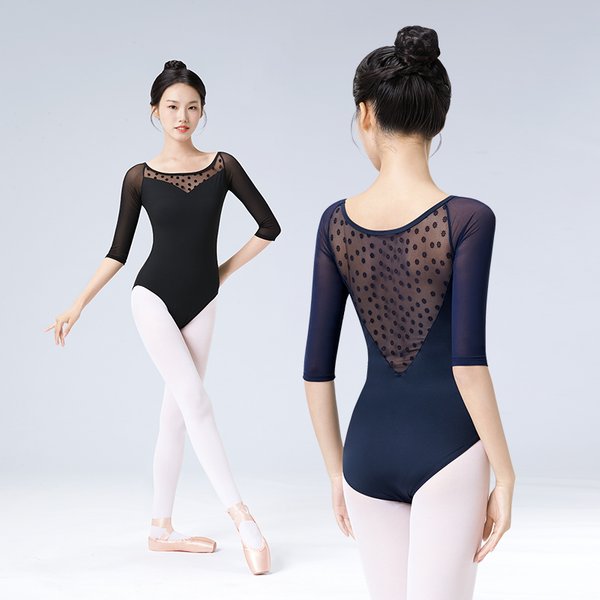 Women Mesh Ballet Dance Leotards Three Quarter Sleeve Ballet Splicing Leotards Adult Ballet Practice Dance Gymnastics Leotards