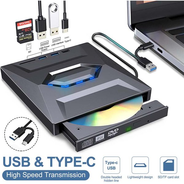 Lecteur/graveur de CD/DVD externe multifonction 3-en-1 USB 3.0, lecteur de carte SD, lecteur de clé USB, vitesse de lecture CD-ROM 24X, CD-RW