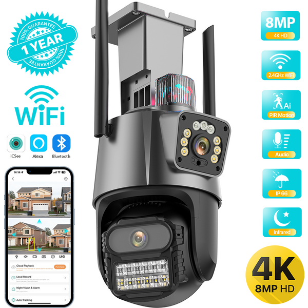 Outdoor Wifi PTZ Camera 4K 8MP HD Dual-Lens Dual Screen Camera AI Auto Tracking 4MP Video Surveillance Police Light Alarm iCSee
