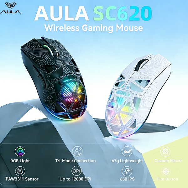SC620 Kabellose Gaming-Maus, 3-Modus-Verbindung 2,4GHz/USB-C/Bluetooth 5.3, 12000 DPI, Programmierbare Makros, RGB, Schnellfeuer-Taste