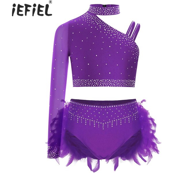 Kids Girls Ballet Dance Sets Performance Costume Rhinestones Gymnastics Tops Unique Irregular Shoulder Crop Top with Briefs Suit