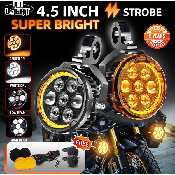 CO LIGHT Neue 4,5-Zoll-Motorrad-LED-Zusatzscheinwerfer für Offroad-Einsatz, 7D-Linse, Nebelscheinwerfer, Weiß-Amber-Halo-DRL, Stroboskop-Blitzscheinwerfer für Motorrad, ATV, UTV, Offroad