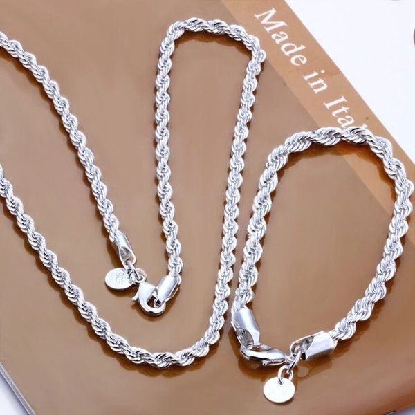 Silber Farbe 4mm Kette Männlich Twisted Seil Halskette Armbänder Mode Frauen Männer Silber Hohe Qualität Schmuck Set