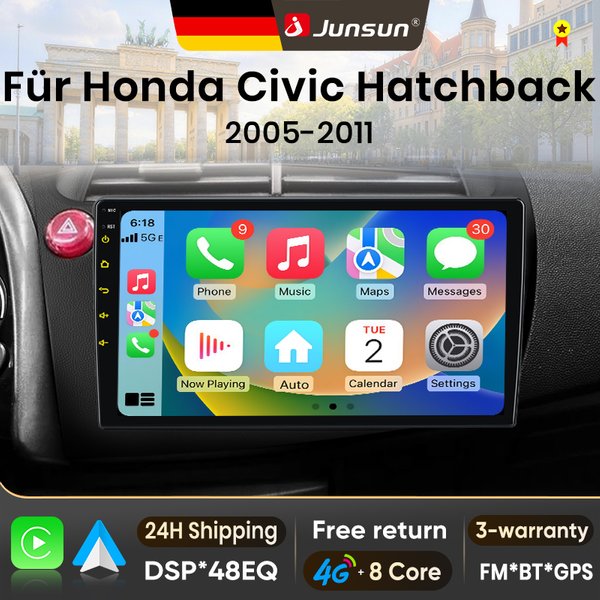 Junsun 9-calowe radio samochodowe z Androidem 15 do Honda Civic Hatchback 2005-2011, bezprzewodowe Apple CarPlay, ekran IPS, stereo, odtwarzacz multimedialny, inteligentne systemy samochodowe, 2 DIN,