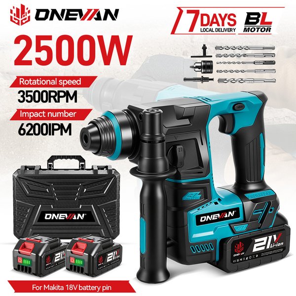 ONEVAN 2500W Bürstenloser Elektrohammer, kabellos, tragbar, Schlagbohrmaschine, multifunktionales Elektrowerkzeug für Makita 18V Akku