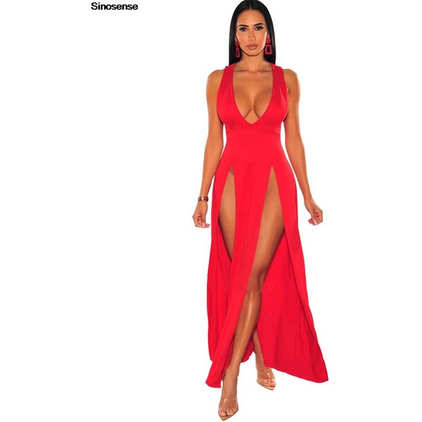 Sexy tiefem V-Ausschnitt, hoher Schlitz, figurbetont, Cocktailparty, Maxikleid, Damen, formelles Abendkleid, solides rotes Sommer-langes Clubkleid