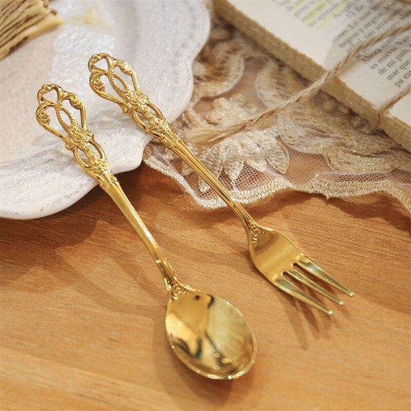 2 Stück Vintage Löffel Gabel Set Edelstahl für Kaffee Tee Snacks Obst Dessert Küchen werkzeuge Teelöffel Kaffee Zubehör Gold