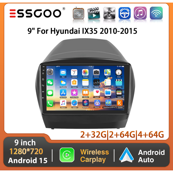 ESSGOO 9" Android 15 2+32G/4+64G do Hyundai Tucson ix35 2010-2015 Radio samochodowe GPS Nawigacja Bezprzewodowy Carplay Android Auto SWC Wifi BT FM RDS ASP Mirror Link Odtwarzacz multimedialny wideo