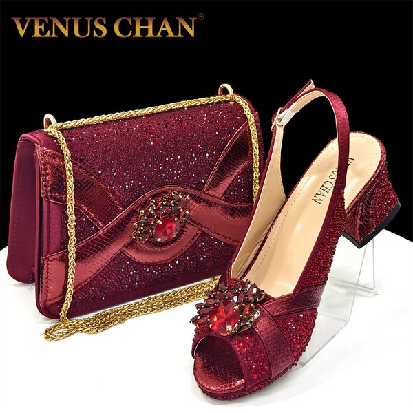 Ensemble de talons ouverts et escarpins en diamant de couleur vin assortis pour femmes, chaussures et sacs italiens élégants pour les fêtes, 2025