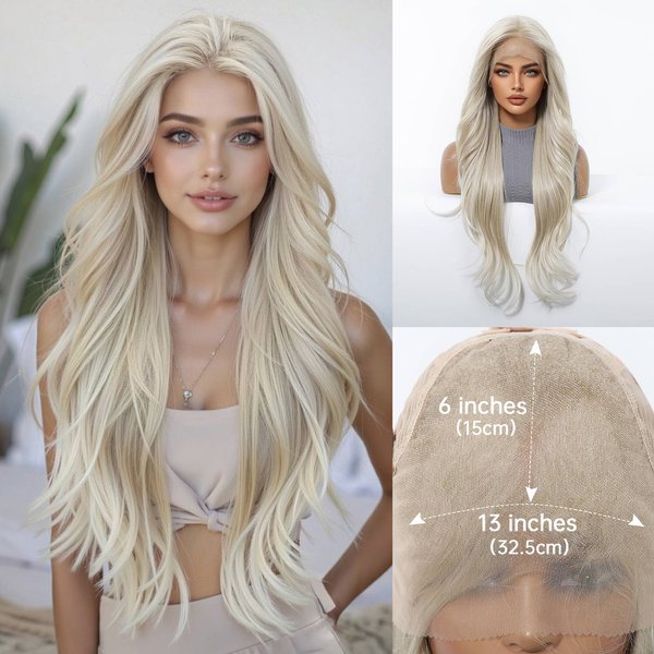 Perruque synthétique longue ondulée blond platine 13x6 HD avec dentelle transparente, sans colle, pré-épilée, pour femme, effet naturel
