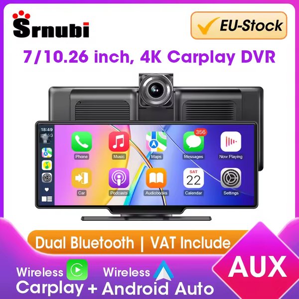 Srnubi 7/10.26" Bezprzewodowy Ekran Carplay do Samochodu, Android Auto Kamera Samochodowa 4K DVR, Kamera Tylna 1080P, Rejestrator Nawigacyjny, AUX