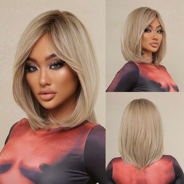Short Straight Bob Wigs For Black Women Blonde Wigs With Bangs Dark Roots Hair Replacement Heat Resistant Lolita Cosplay Wig