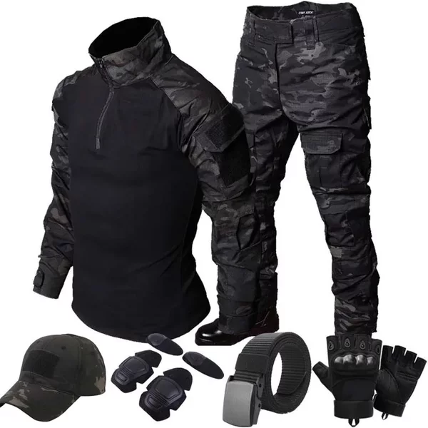 Ensembles d'entraînement camouflage noir, hauts de Combat à fermeture éclair 1/4, combinaisons tactiques, pantalons de randonnée pour hommes, chemises durables, poches multiples, résistantes à l'usure