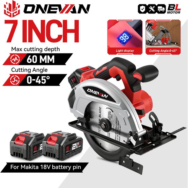 ONEVAN 7 Zoll 185 mm bürstenlose elektrische Kreissäge Digitalanzeige Schnurloses Holzbearbeitungs-Schneidwerkzeug für Makita 18 V Batterie-Pin