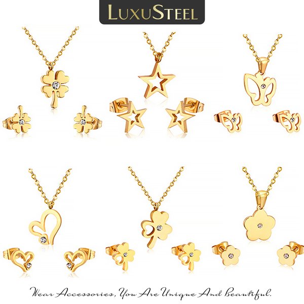 Mini collier et boucles d'oreilles pour femmes et filles, ensemble mignon en acier inoxydable, plantes étoiles, animaux, chat, fleurs, pendentif papillon, chaîne Rolo